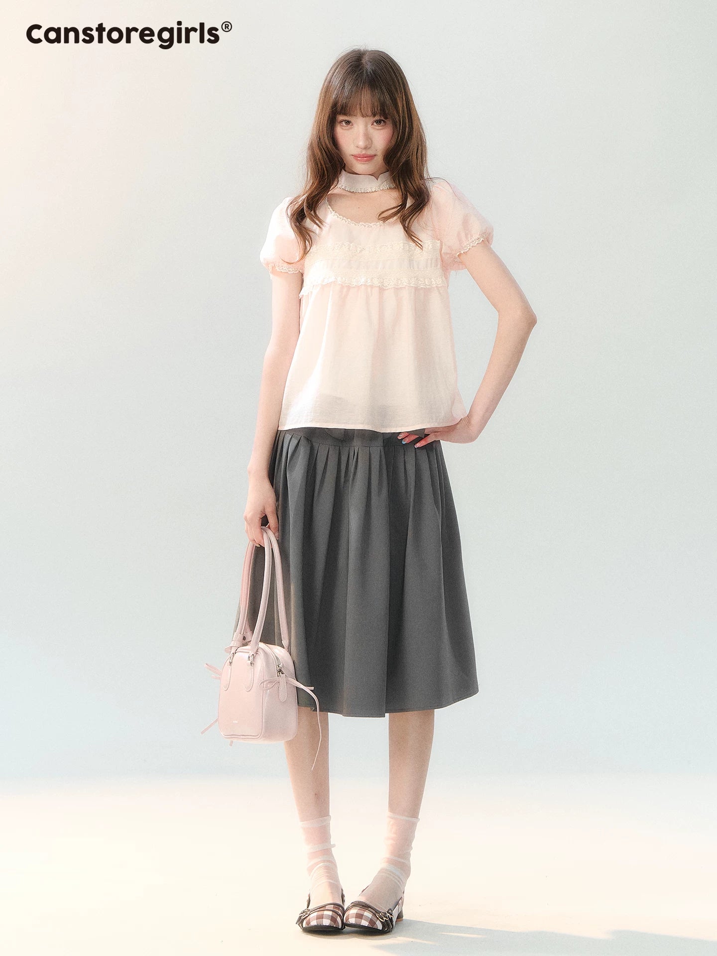 "Cloud Gray Sweet Pleats" Gray Stripe Bow Pleated Skirt LL2026219