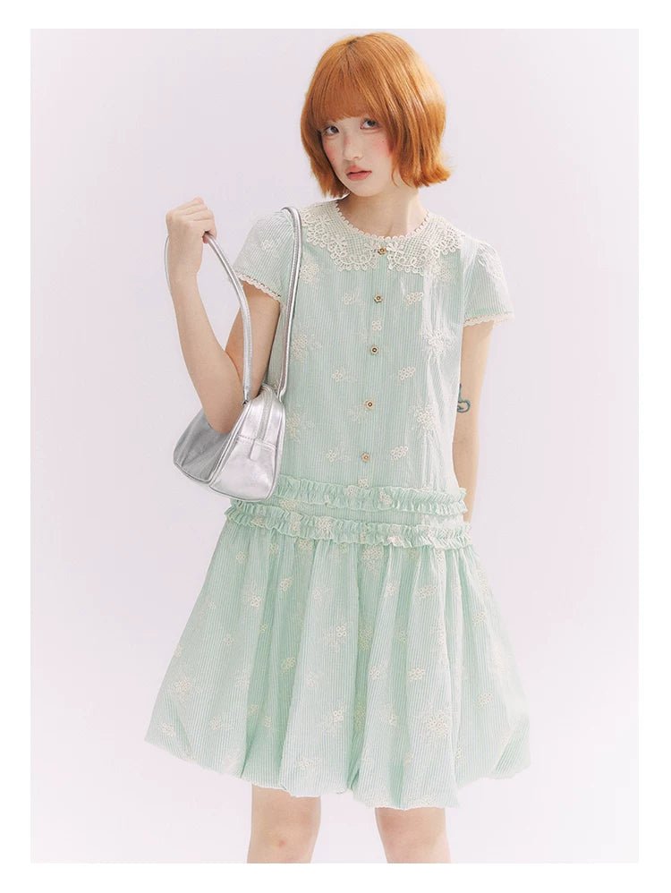 “Mint Lime” Green Stripe Lace Babydoll Dress