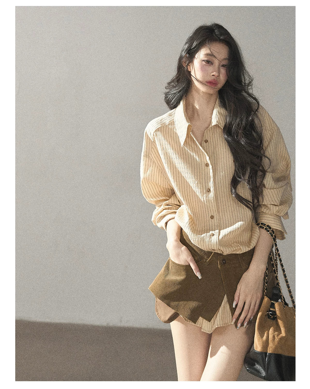AOMALM - "Autumn Botanicals" Amber Yellow Striped Shirt & Wrap Faux Half-Skirt Set