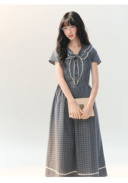 [CAN] "Firwood Plaid Tale" Blue Gray Plaid Lace Doll Collar Dress