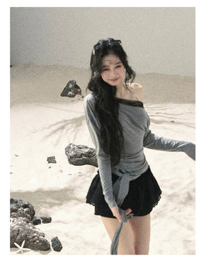 "Free Spirit" Moon Mist Gray Faux-Layer One-Shoulder Lace Top