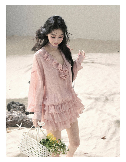 “Evening Breeze Skirt” Lotus Pink Tiered Chiffon Mini Dress with Scarf Tie & Shorts