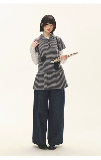 "Seoul Diary" Gray & Pink Stripe Hooded Knit Mini Dress