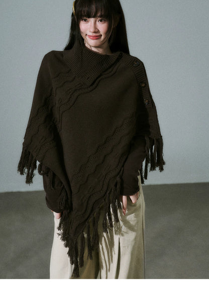 LOST FOREST - Wool-Blend Bow Graphic Fringe Cape Shawl (Coffee / Dark Gray)