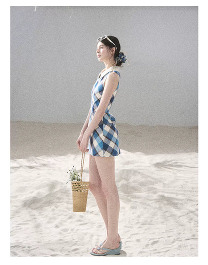 "Sunset by the Shore" Vintage Blue Plaid Polo Mini Dress 358648564