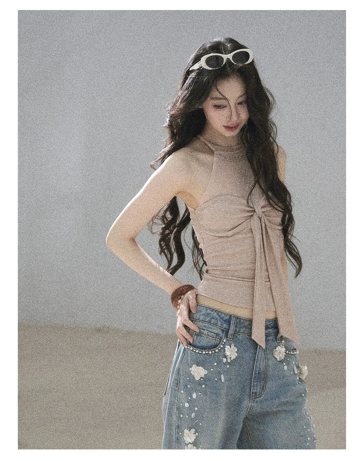 "Galaxy in Your Eyes" Milk Tea Halter Mesh Knit Top