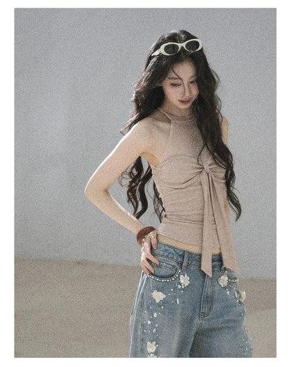 "Galaxy in Your Eyes" Milk Tea Halter Mesh Knit Top