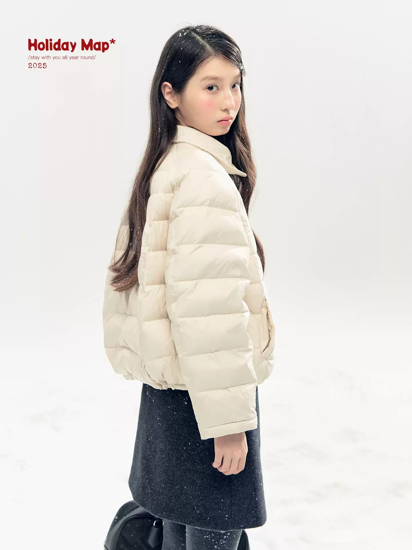"Lily of the Valley Keepsake" Cropped Down Puffer Jacket (Pearl Beige/ Cloud Blue)