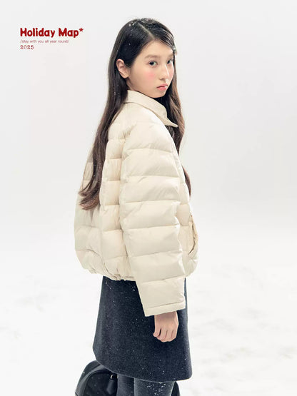 "Lily of the Valley Keepsake" Cropped Down Puffer Jacket (Pearl Beige/ Cloud Blue)