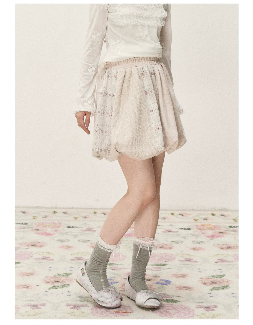 [RF] Vintage Floral Patchwork Knit Bubble Skirt in Blush Pink