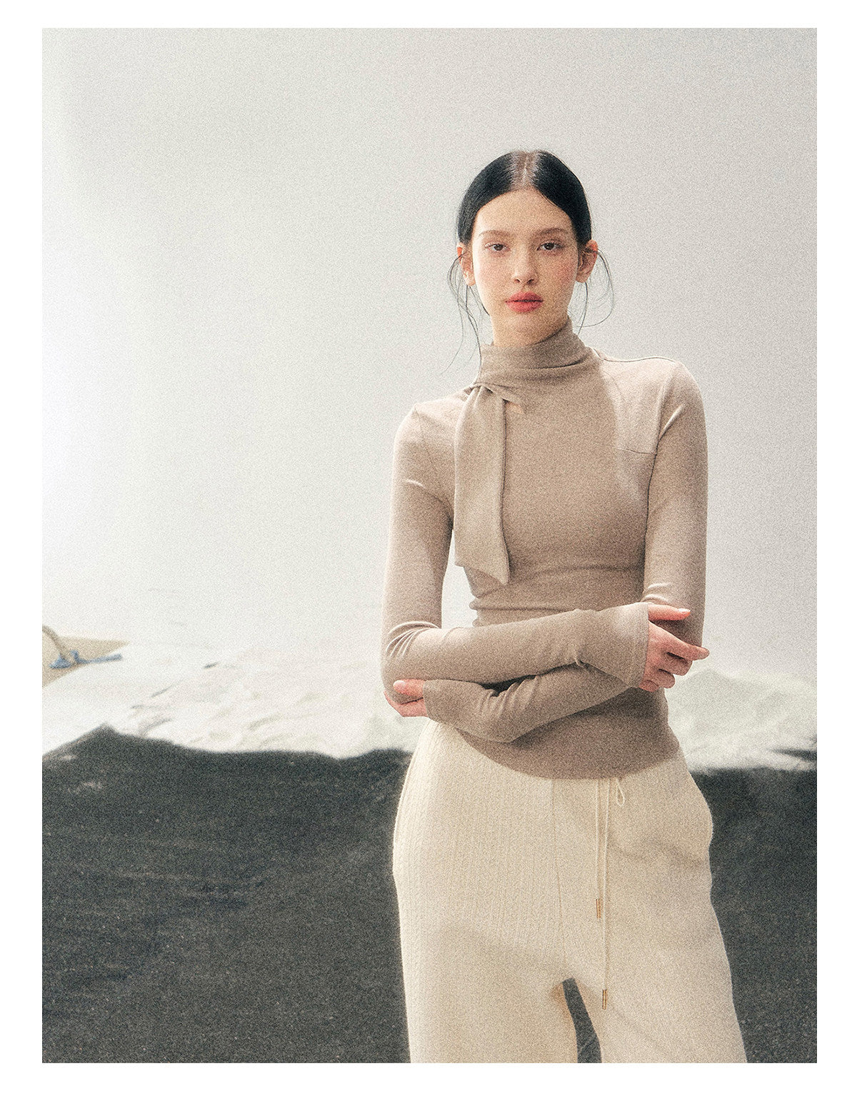181225 “Pure Tone Essential” Semi-High Neck Soft Knit Base Top - Milk Tea Beige