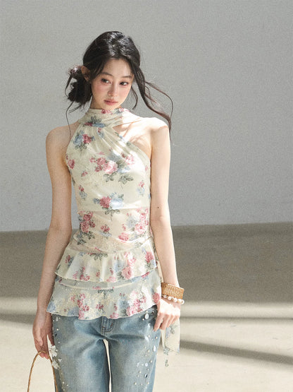 "Flowers & Sunlight" Dutch Cream Off-Shoulder Mesh Top