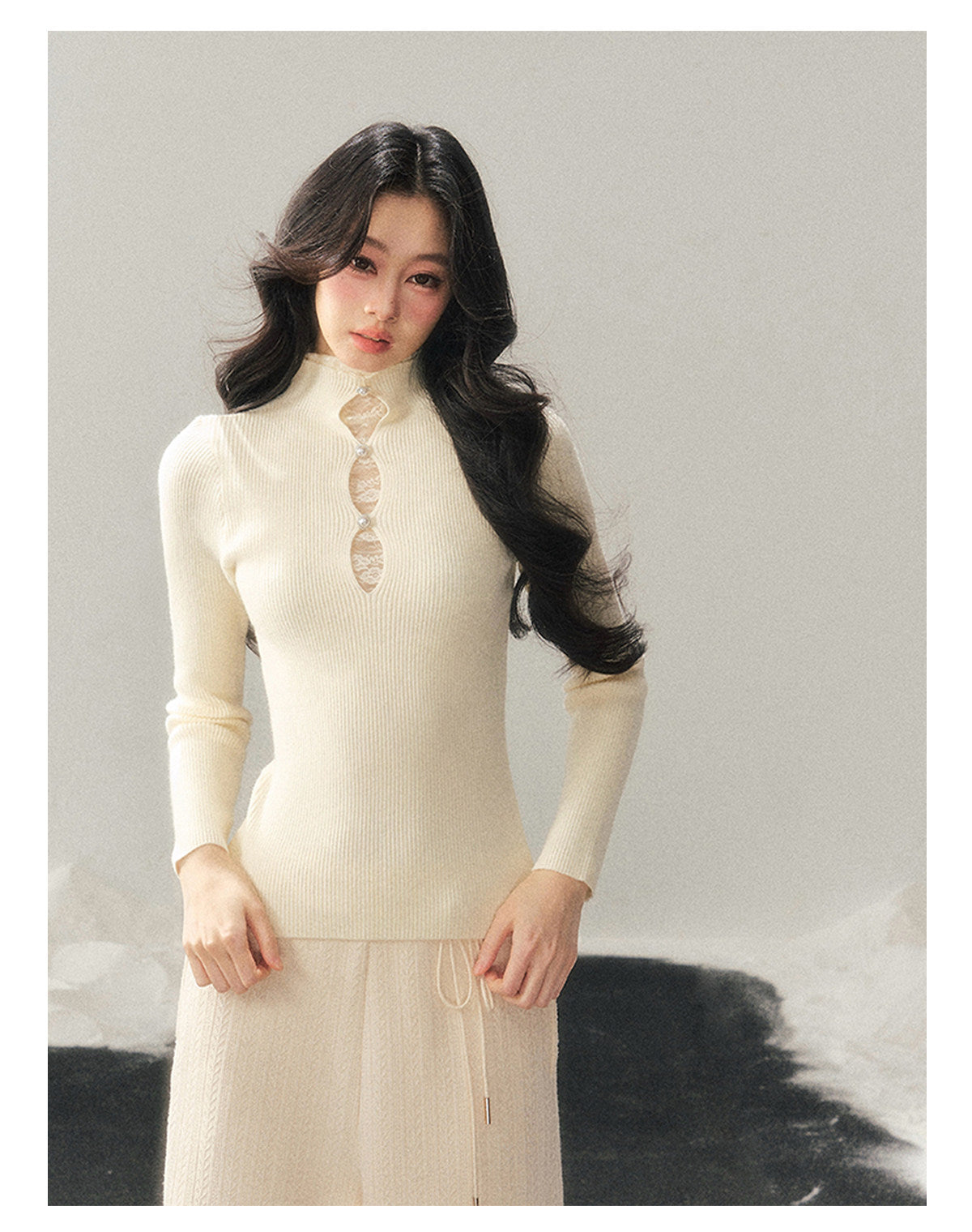 040126 "Lacewoven Dream" Mock Neck Layered Lace Knit Top - Oat Beige