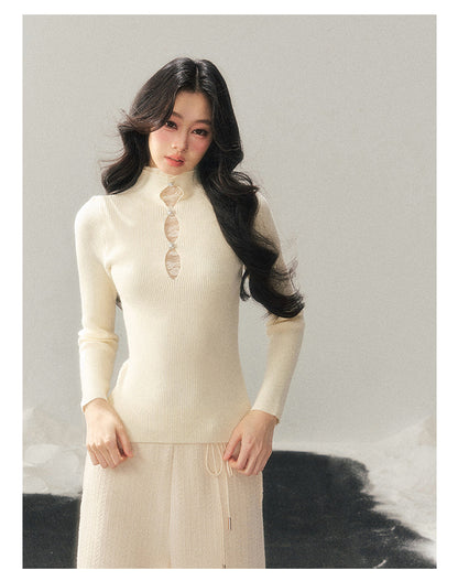 040126 "Lacewoven Dream" Mock Neck Layered Lace Knit Top - Oat Beige