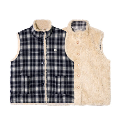 ASGONY - Reversible Plaid & Faux Fur Stand-Collar Vest