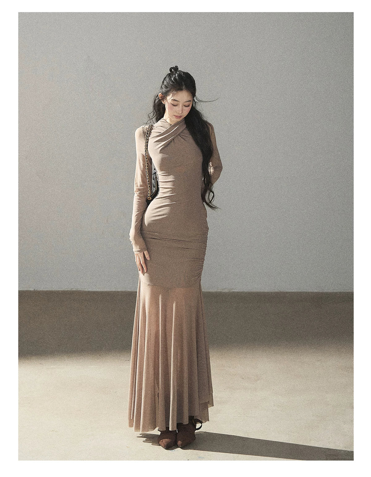 AOMALM - Milk Tea Ruched Mesh Mermaid Maxi Dress