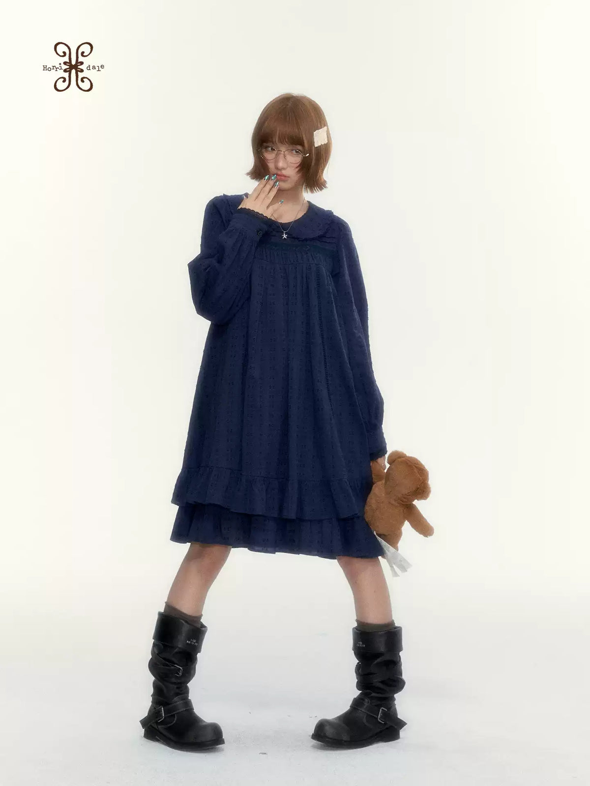 “Vintage Ribbon” Navy Peter Pan Collar Lace-Trimmed A-Line Dress