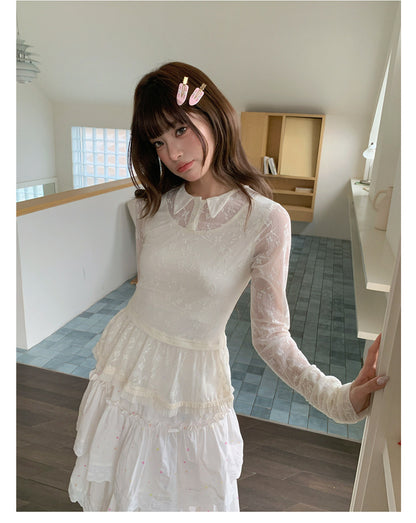 “Soft Veil Sonata” Apricot Layered Lace Mesh Top