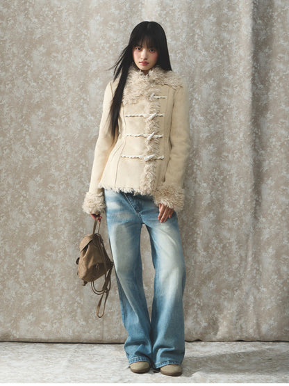 Soote Season - Cream Latte Faux Suede Toggle Belted Shearling Jacket