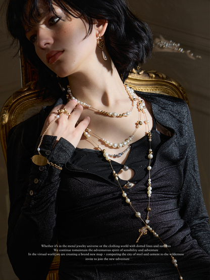 Vintage Key & Pearl Layered Long Necklace – Luxury Water Drop Charm Statement Necklace for Women