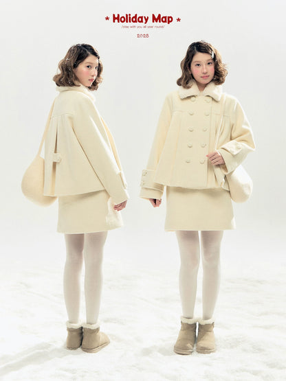 "Berlin Snowfall" Double-Breasted Quilted Wool-Blend Peacoat (Ivory/ Chocolate Brown)