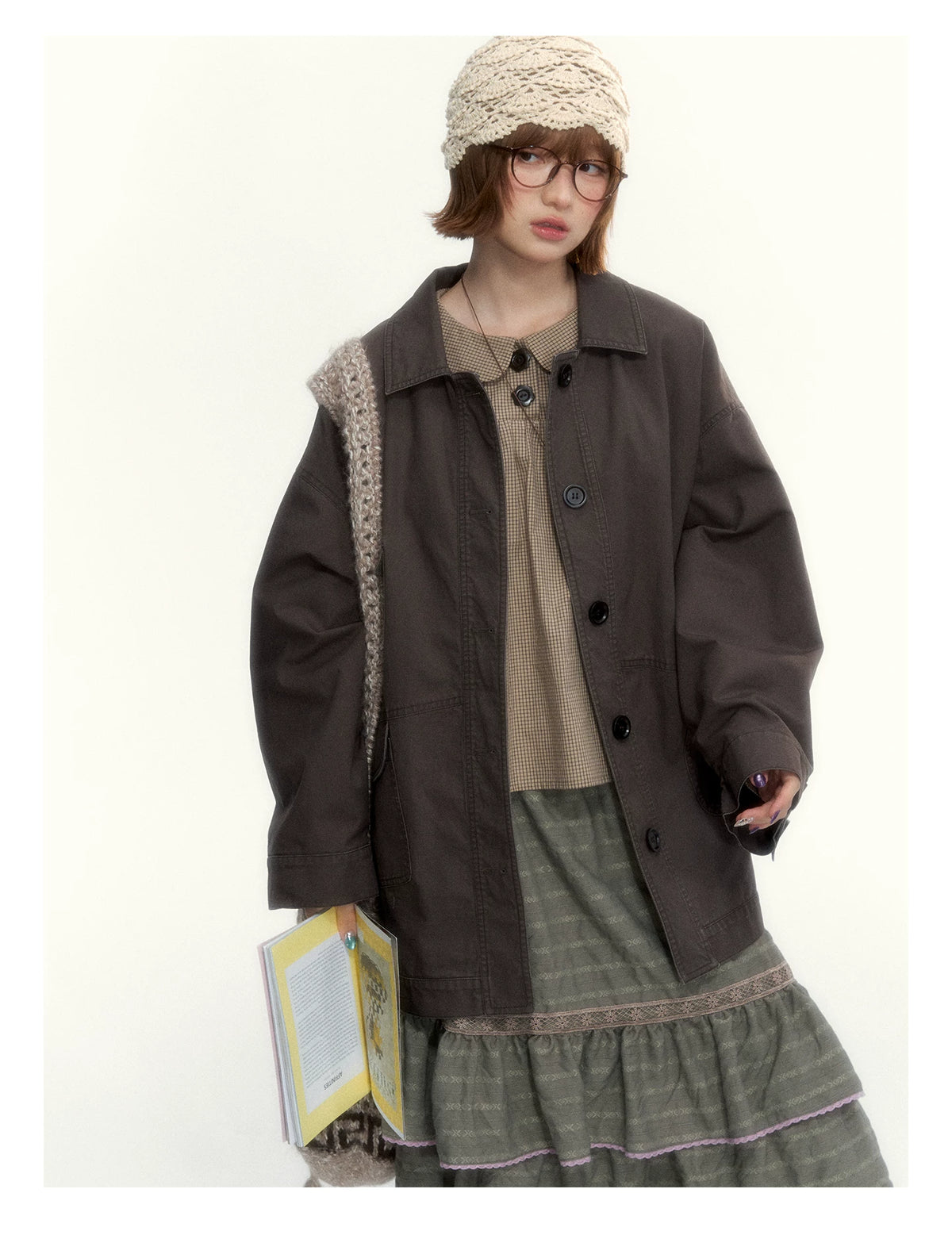 Dark Coffee Brown Washed Cotton Utility Jacket