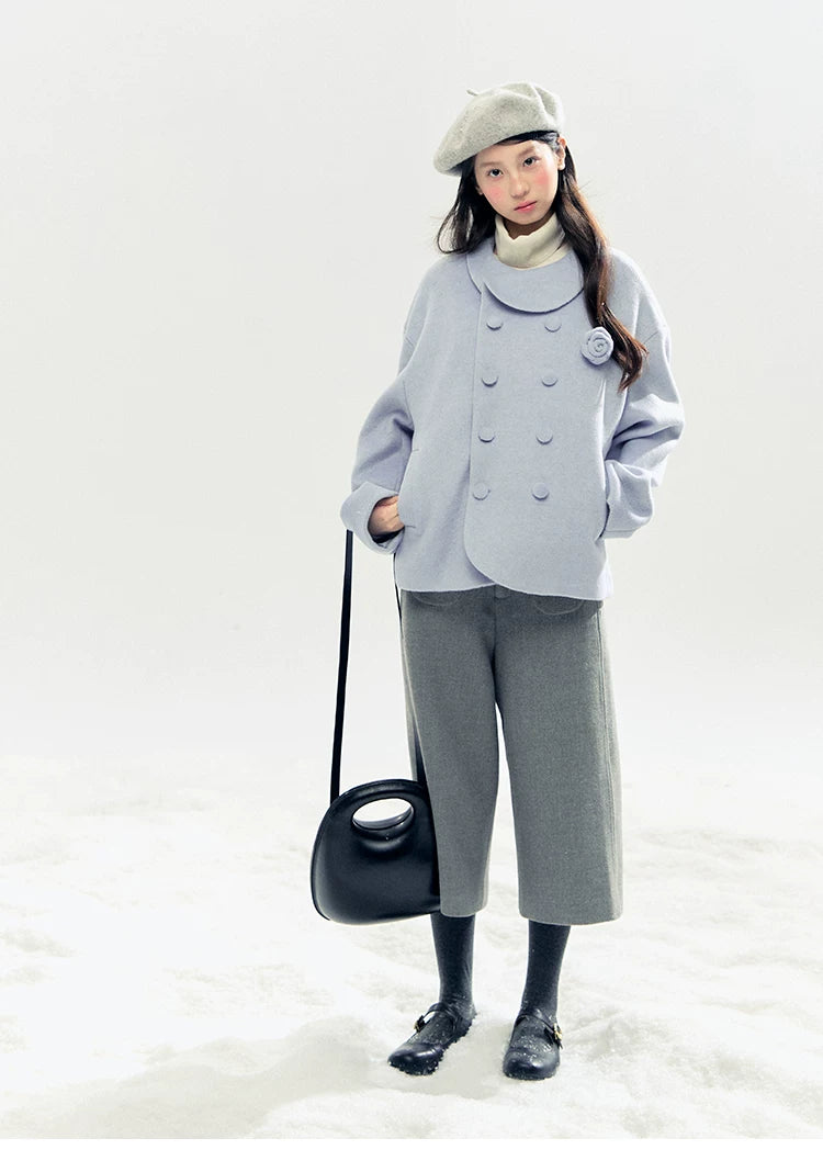 "Rose Manifesto" Frosted Blue Double-Breasted Quilted Wool-Blend Peacoat