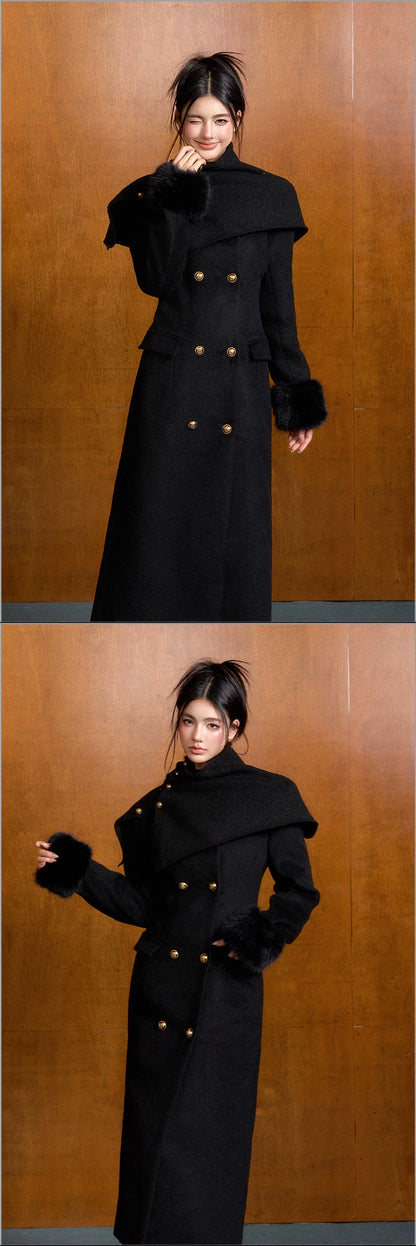 "Manor Elegance" Detachable Faux Fur Wool Coat & Knit Scarf Set