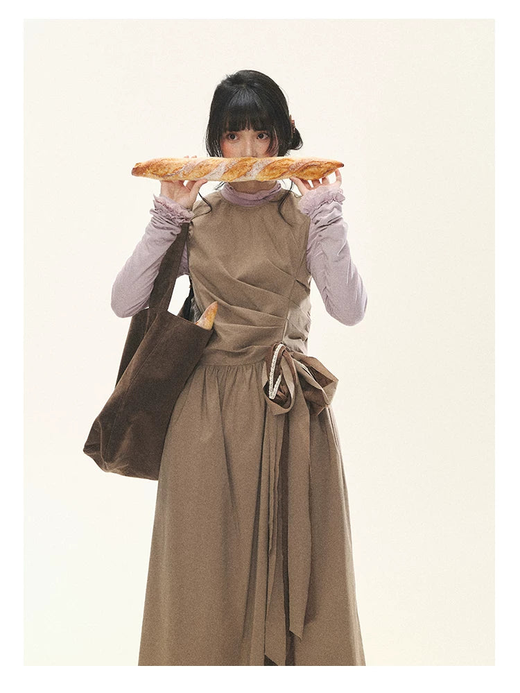 "Cream Cocoa" Cream Cocoa Ruched Bow Pinafore Maxi Dress