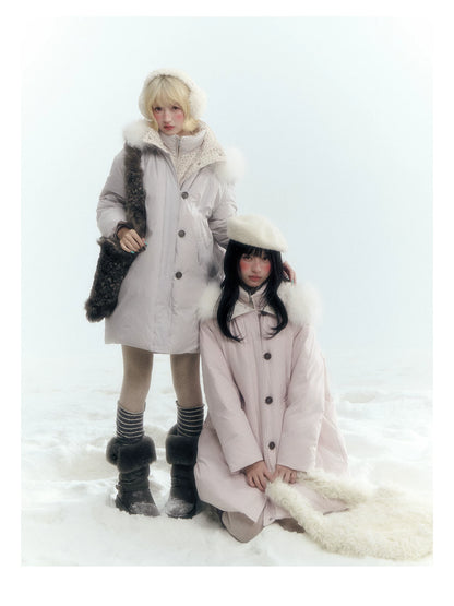 Horridale - Snow-Dusted Floral 90% White Duck Down Puffer Jacket (Light Peach Pink / Silver Gray)