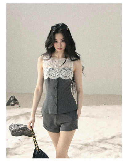 "Blossoms Through the Mist" Moon Mist Gray Lace Top & Tailored Shorts Two-Piece Set