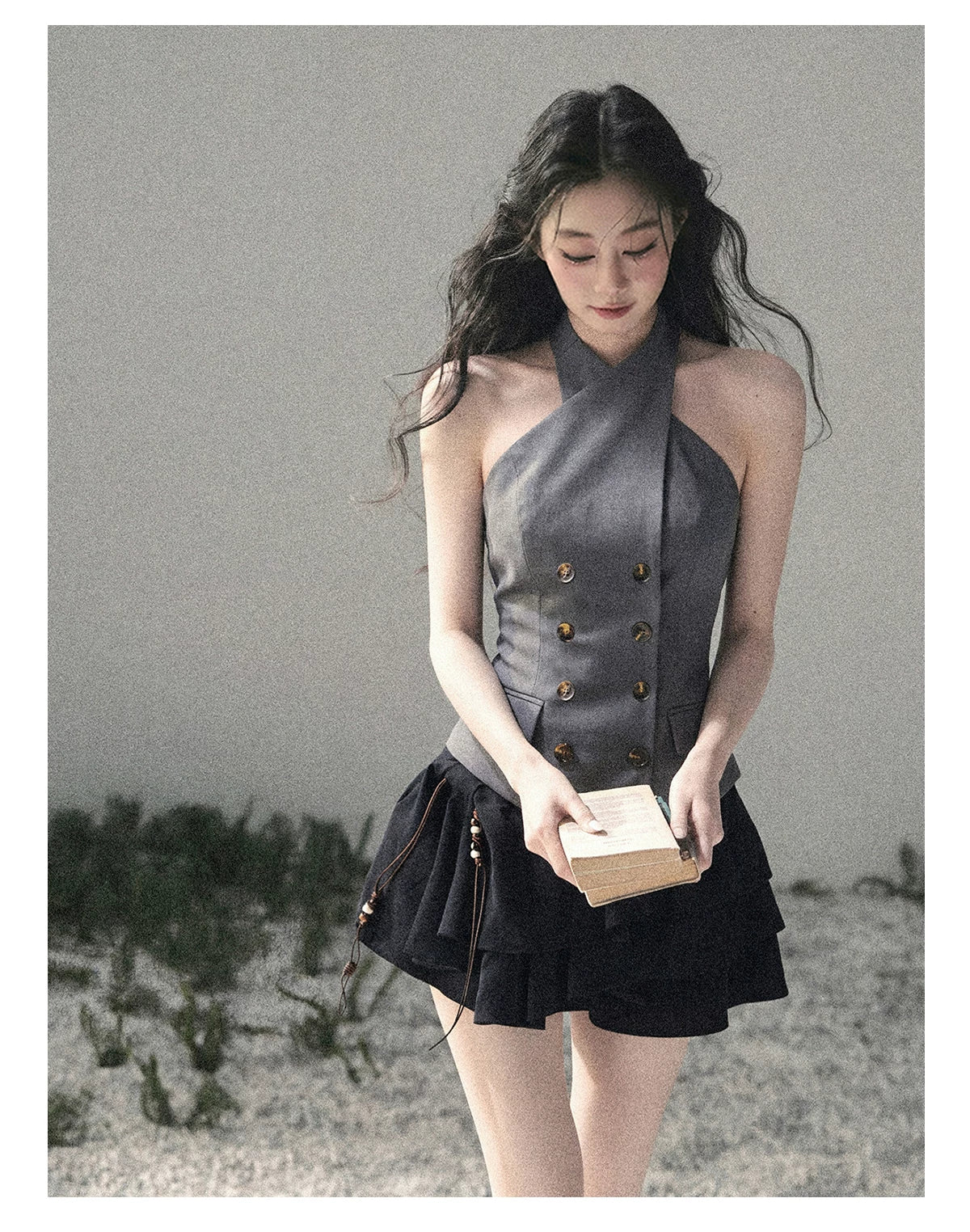 "The Unsent Letter" Deep Slate Gray Halter Tailored Top