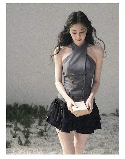 "The Unsent Letter" Deep Slate Gray Halter Tailored Top