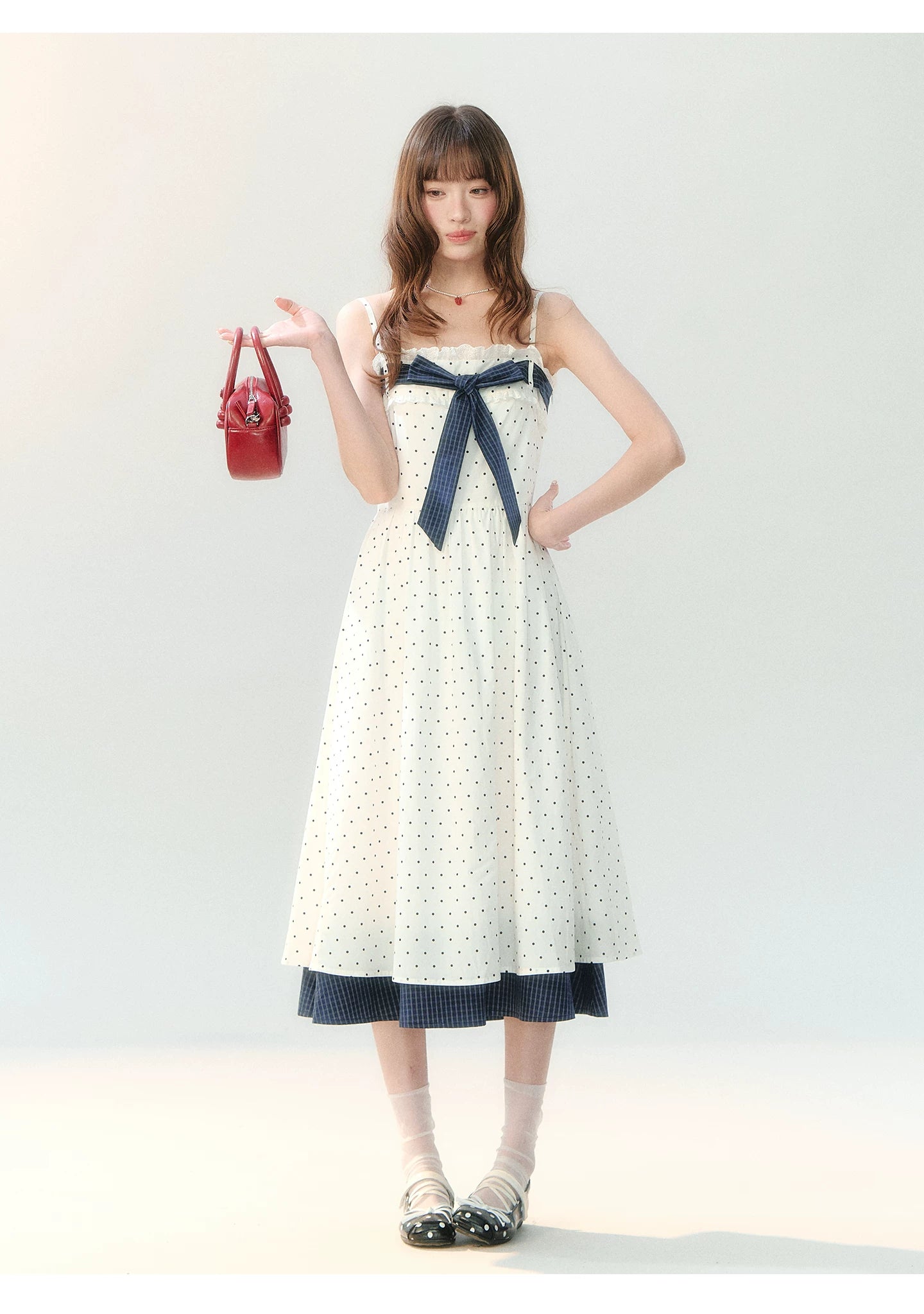 "Soft Mist Cream Puff" White Polka Dot Cami Dress LL2026207