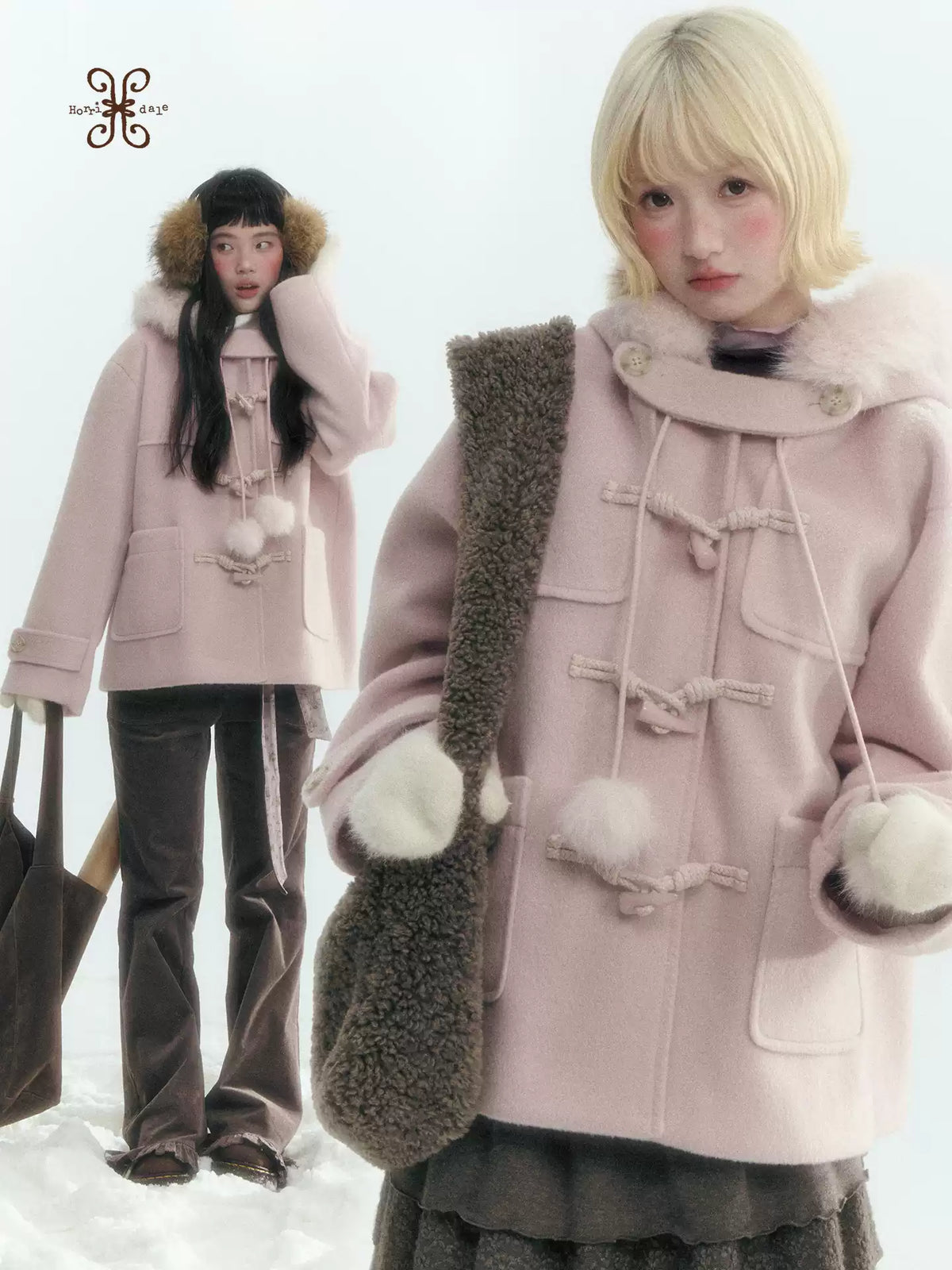 Horridale - Preppy Hooded Wool-Blend Duffle Coat with Pom-Pom Details – Mist Pink