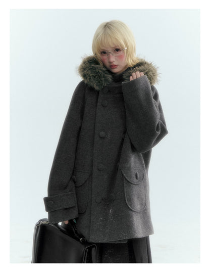 Japanese Hooded Double-Breasted Wool Coat (Deep Charcoal Gray / Taro Purple)