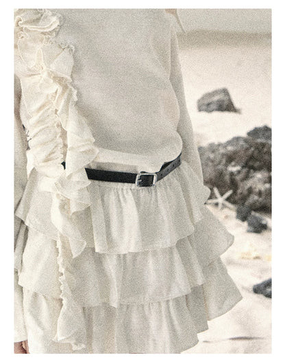 "Petals of Early Summer" Mist White Ruffle One-Shoulder Cake Dress (With Belt) 58648