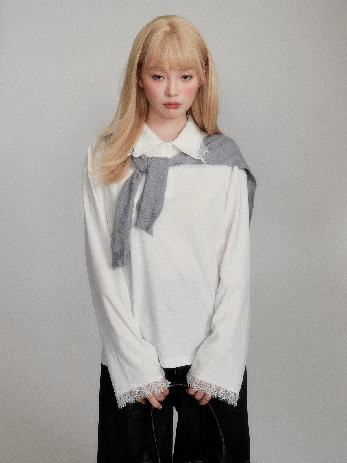 “Lash-Lace Soft Drape” White Polo Long-Sleeve Base Top M6678