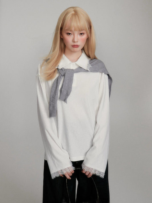 “Lash-Lace Soft Drape” White Polo Long-Sleeve Base Top M6678
