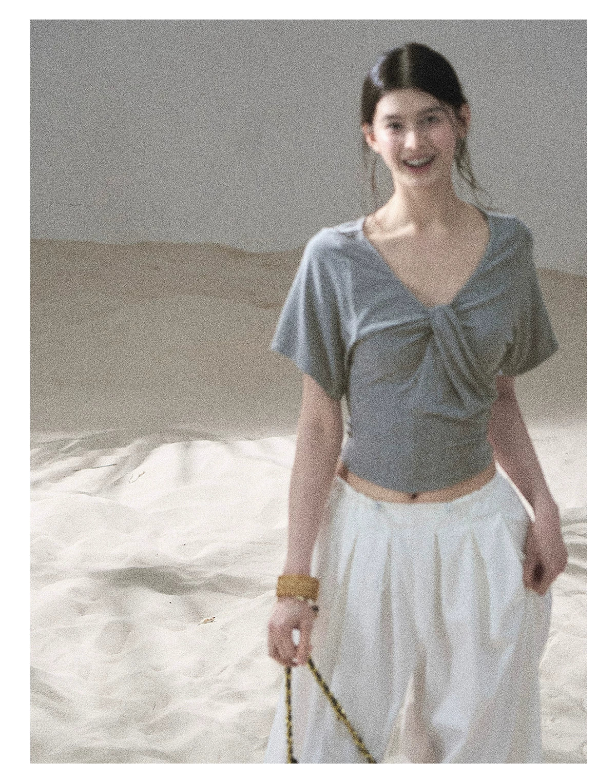 "Moonlight on Water" Twist-Front Cropped T-Shirt (Silver Mink Gray/ Mist Blue)