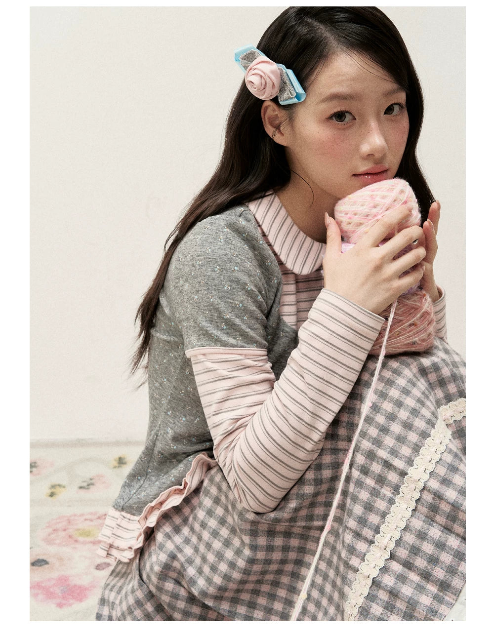 [RF] Gray & Pink Plaid A-Line Midi Skirt with Lace Trim