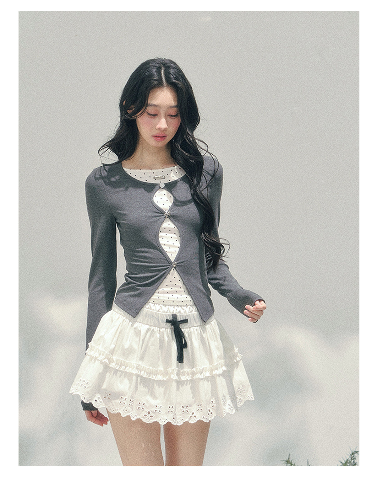 少也眼 "Twilight Pause" Faux Two-Piece Polka Dot T-Shirt in Soft Silver Gray 45234752