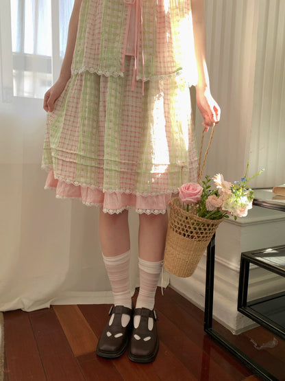 [RF] “Green Grape Picnic” Pastel Plaid Two-Piece Skirt Set