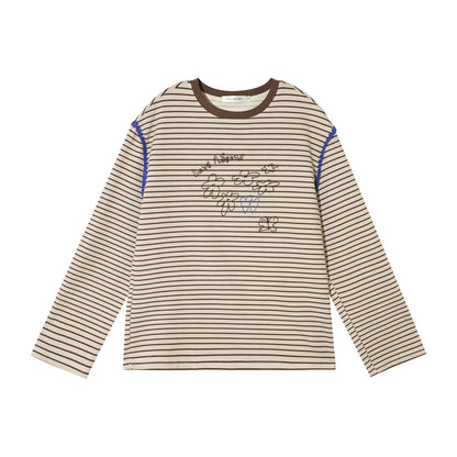 ASGONY - Striped Contrast Embroidered Shell Stitch T-Shirt