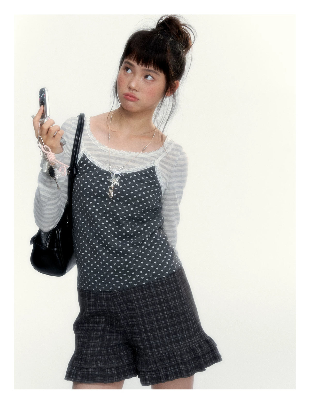 “Early Gray” Light Gray Striped Lace-Trimmed Fitted Long-Sleeve Top