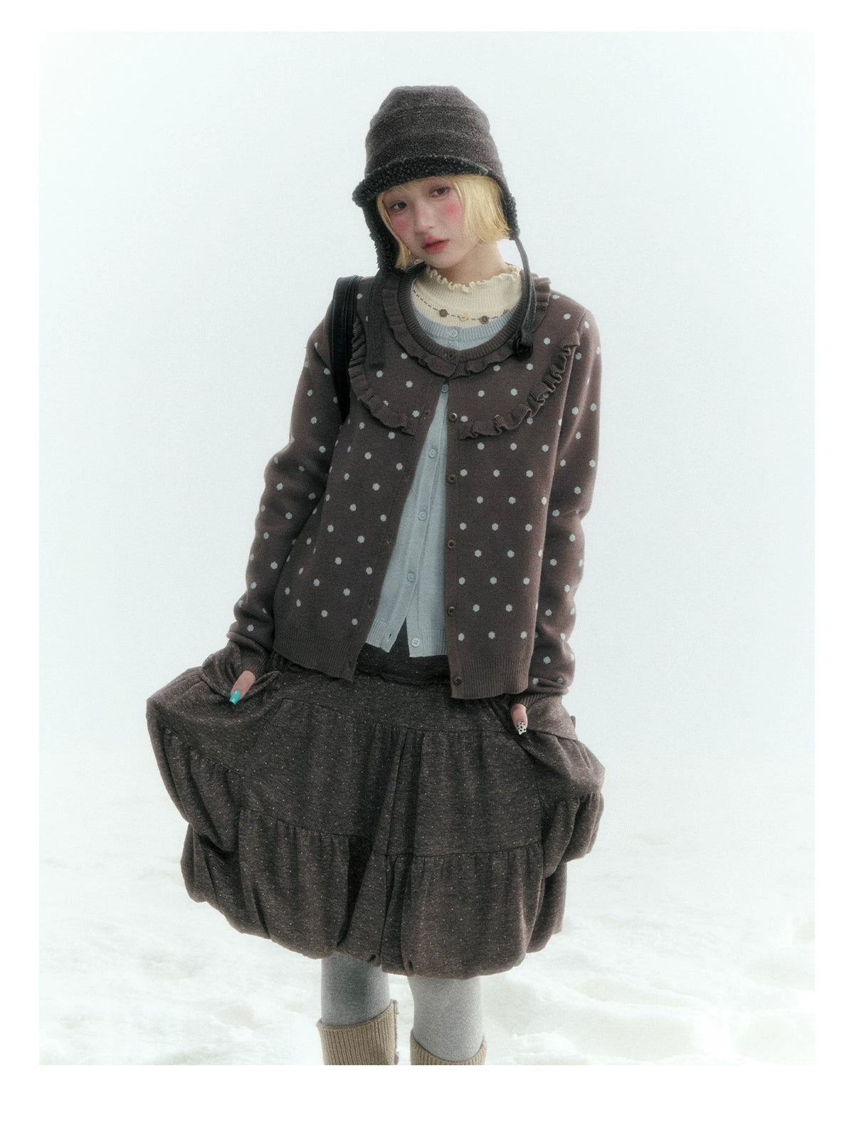 Dark Taupe Brown Polka Dot Layered Knit Sweater