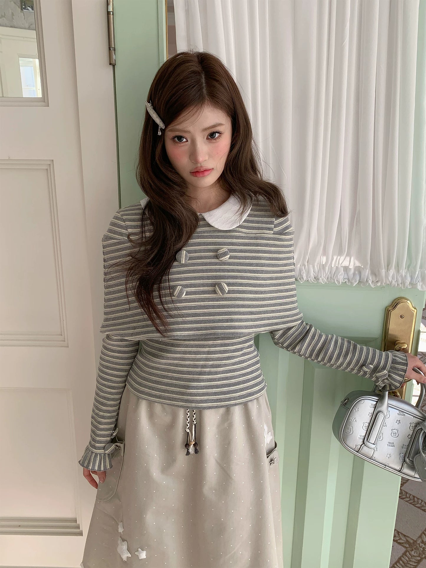 “Misty Sonata” Grey Layered Stripe Knit Top