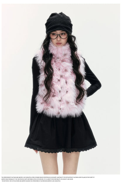 24olvides - Black and Pink Polka Dot Faux Fur Vest