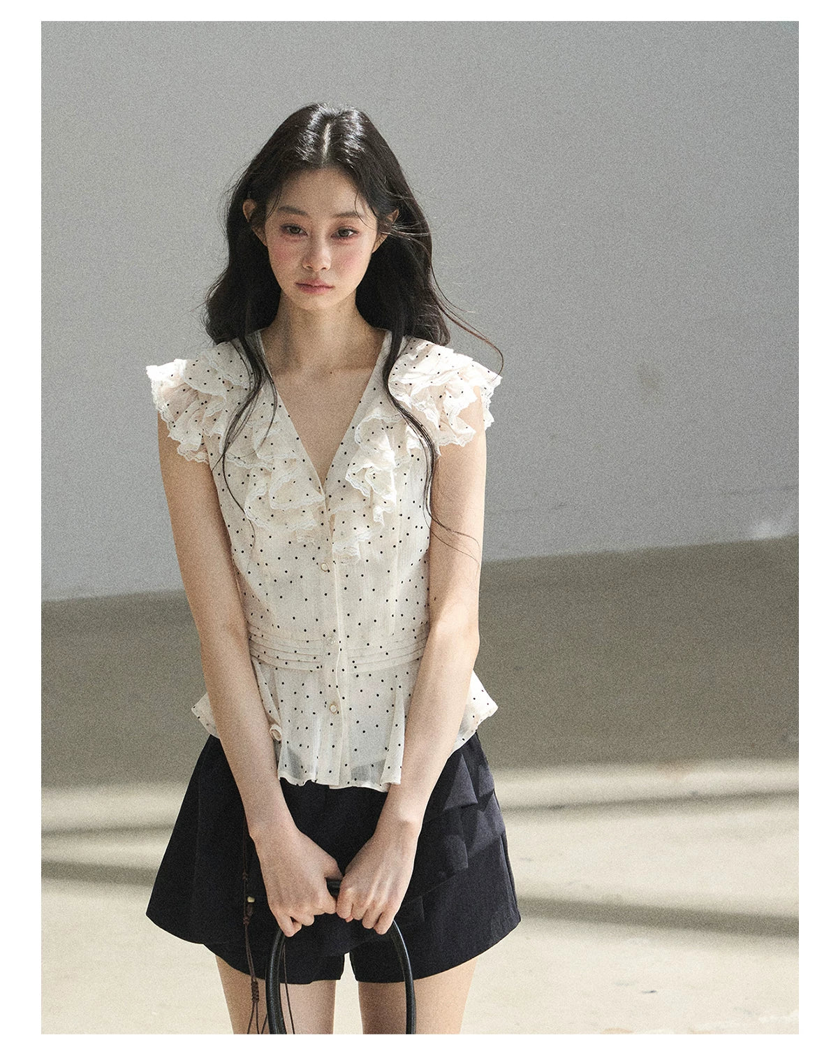 "Falling Into the Galaxy" Cream Ivory Polka Dot Chiffon Blouse