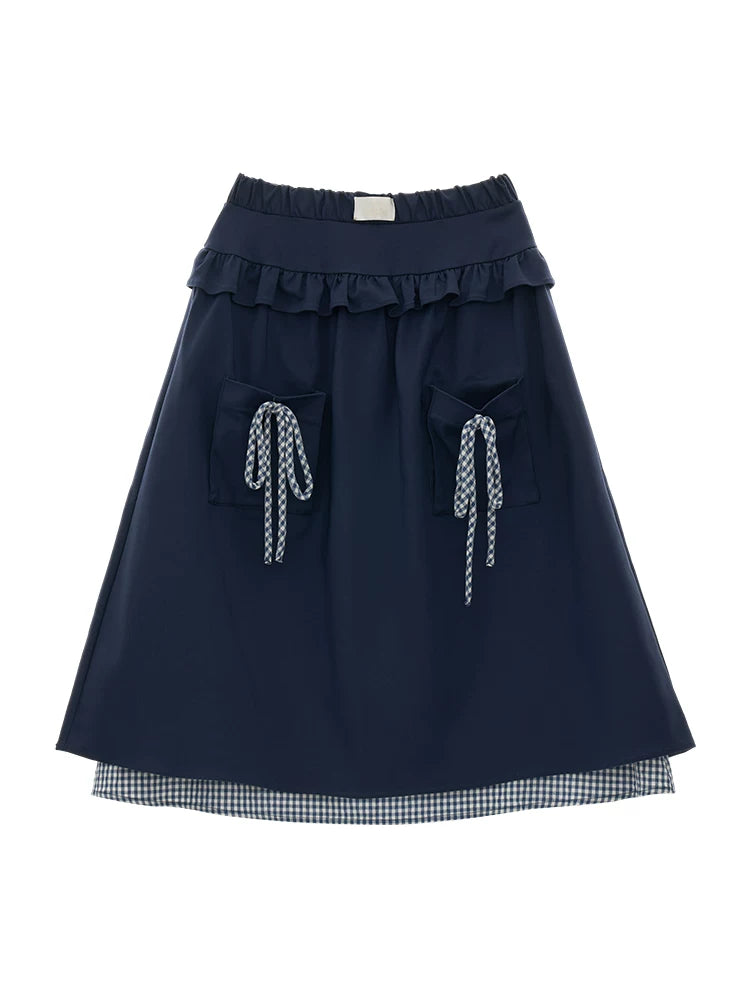 MAMC - Blue Plaid Layered Bow Midi Skirt